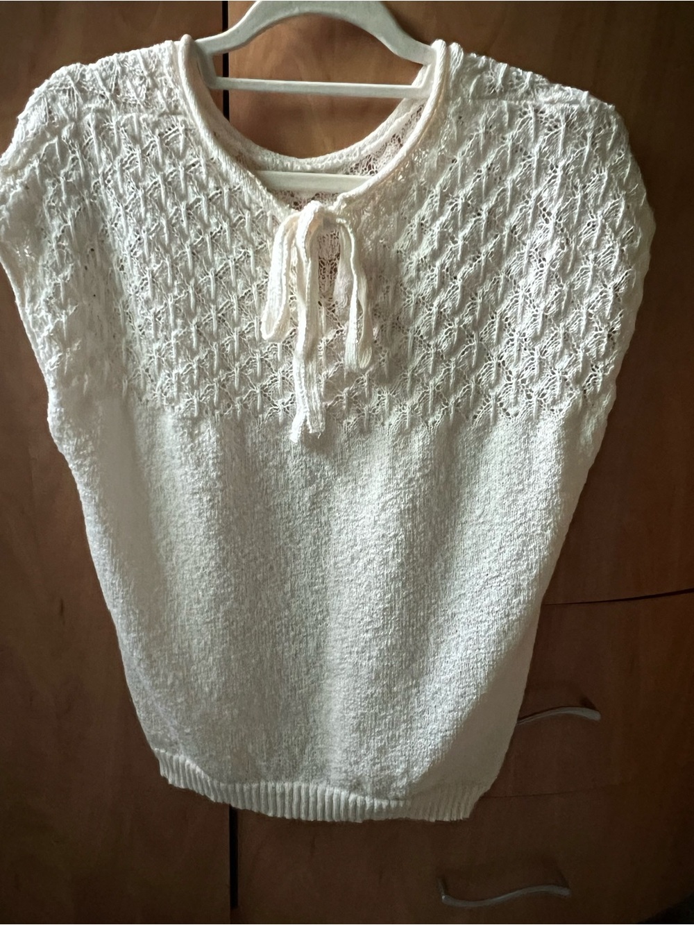 Light Cream Knit Top with Lace Yoke and Tie Neck